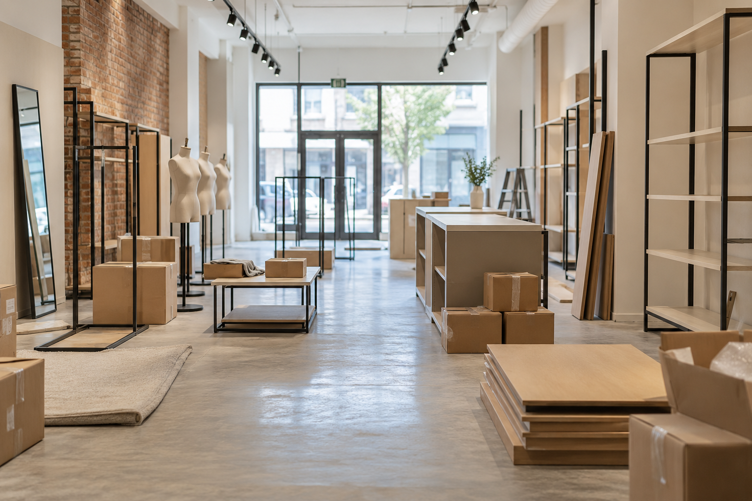 Wyposażenie remontowanego sklepu odzieżowego — ilustracja