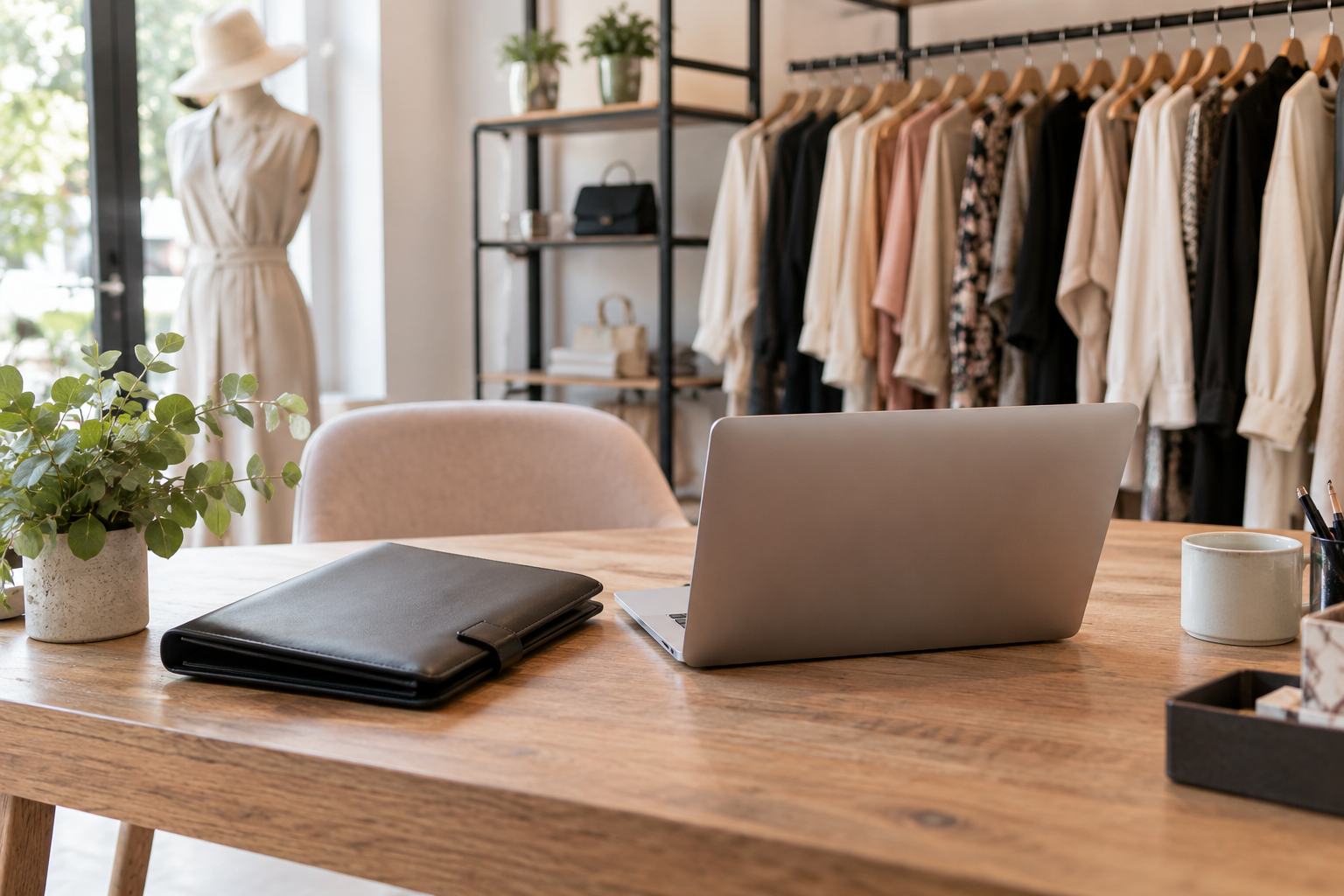 Zamknięta teczka i neutralny laptop na biurku butiku, odzież w tle bez etykiet